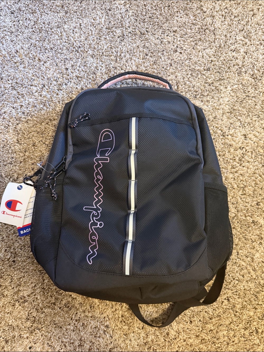 Champion Black Backpack with Pink Logo Outline NWT